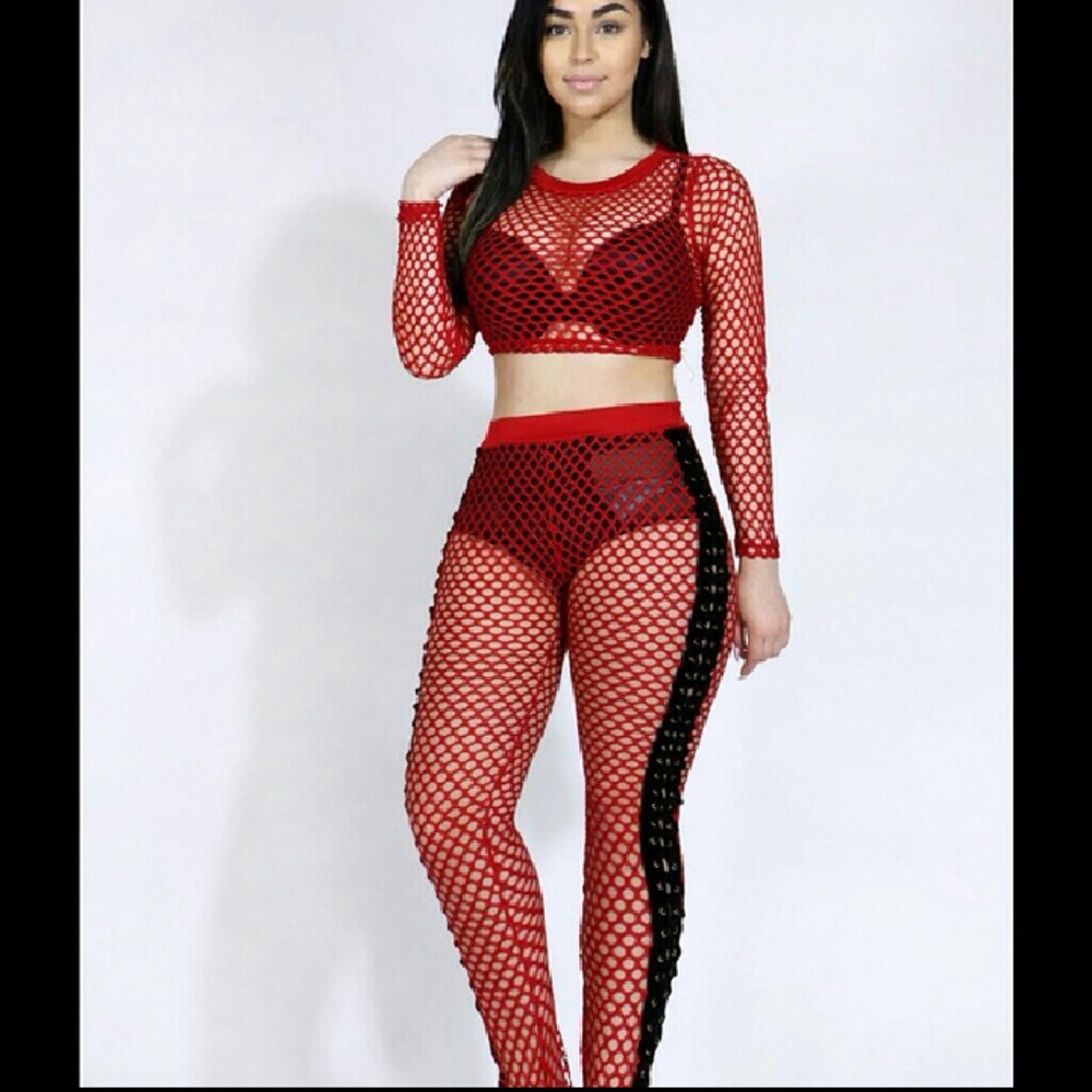 Red Fish Net 2 Piece Set